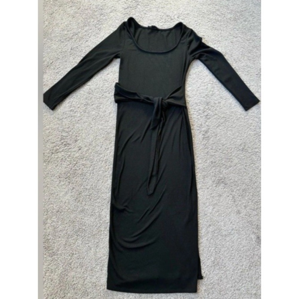 See You Monday Black Tie-Waist Slit Midi Dress Sz L Gothic Neutral Clean Girl